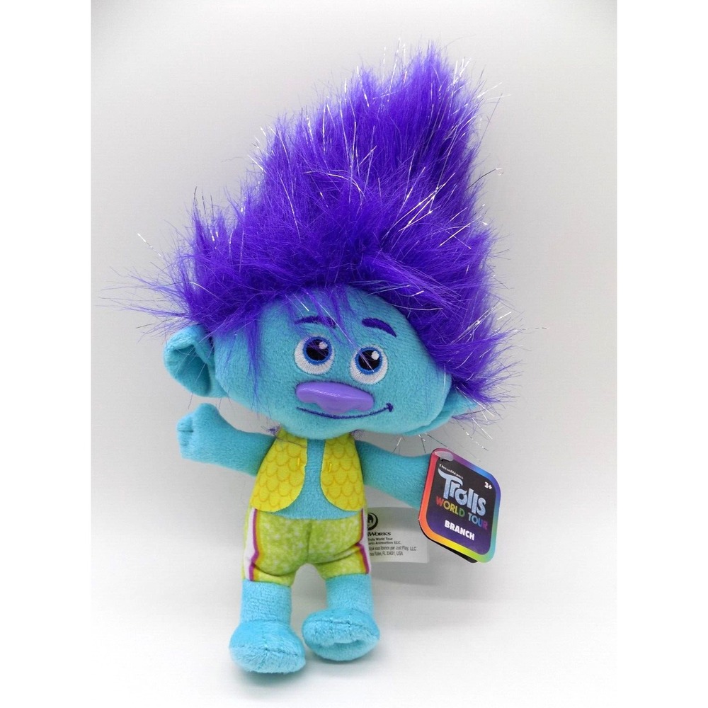 Dreamworks Trolls World Tour Branch Plush Blue Stuffed Toy Purple Hair Tinsel